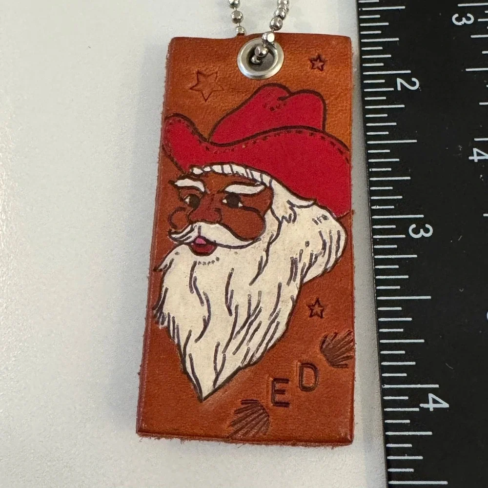 Hand Painted Leather Cowboy Santa‎ Claus Keychain Unique Western Holiday Charm